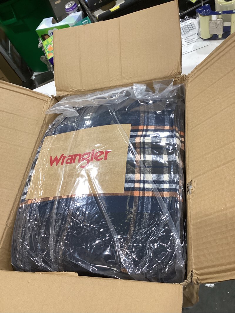 Condition photo showing New/Like New for Wrangler- King Comforter Set, Soft & Reversible Bedding with Box-Stitch Design, Yellowstone Inspired Bedding, 3 Piece Bed Set with Matching Pillowcases (City Flats Plaid Navy) King City Flats Plaid Navy