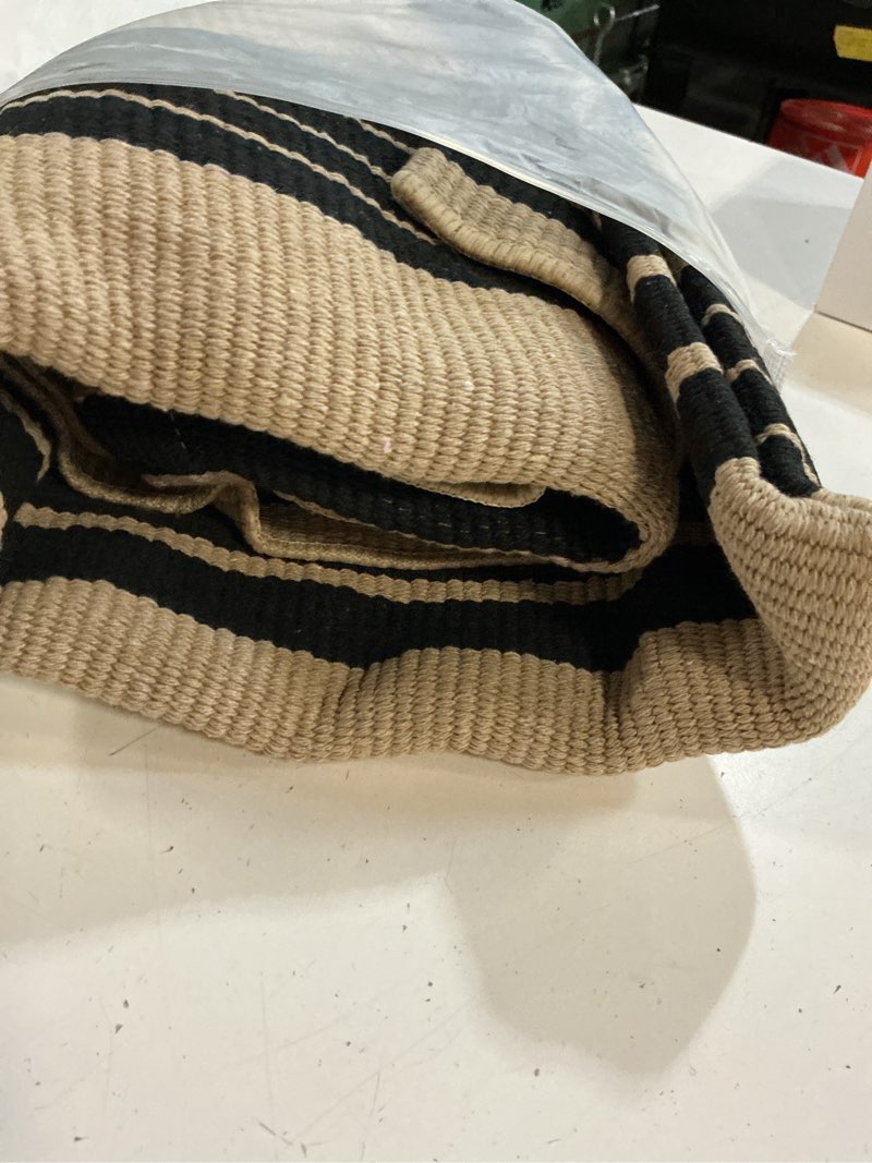 Condition photo showing Good Condition for ojia front door mat 24"x51", machine washable porch rug outdoor door mat striped entryway rugs indoor outdoor rugs cotton woven entry rug for kitchen/bathroom/farmhouse/home entrance 2' x 4'4" (rectangular) tan/black stripe