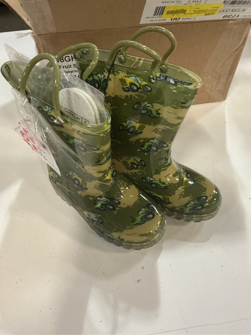 Condition photo showing Good Condition for funcoo plus boys rain boots toddler kids light up waterproof boots with handles, tractor, size 10