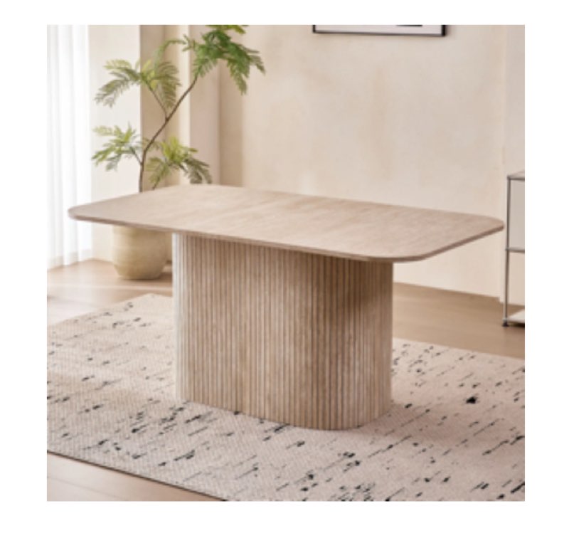 Large Dining Table For 4 6, [Rounded Corners] [Wood Strip Pedestal Base], Three-part Tops, Farmhouse Rectangle Kitchen Dinner Table For Dining Room
