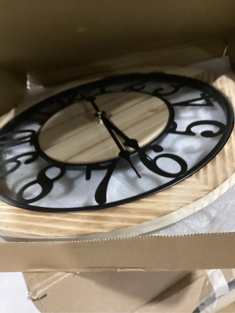 Condition photo showing Good Condition for leike 16 inch large wall clock - rustic wooden silent non-ticking wall clock with black metal frame, vintage farmhouse decorative for living room, bedroom, kitchen - arabic numerals, modern design 16 inch arabic numerals