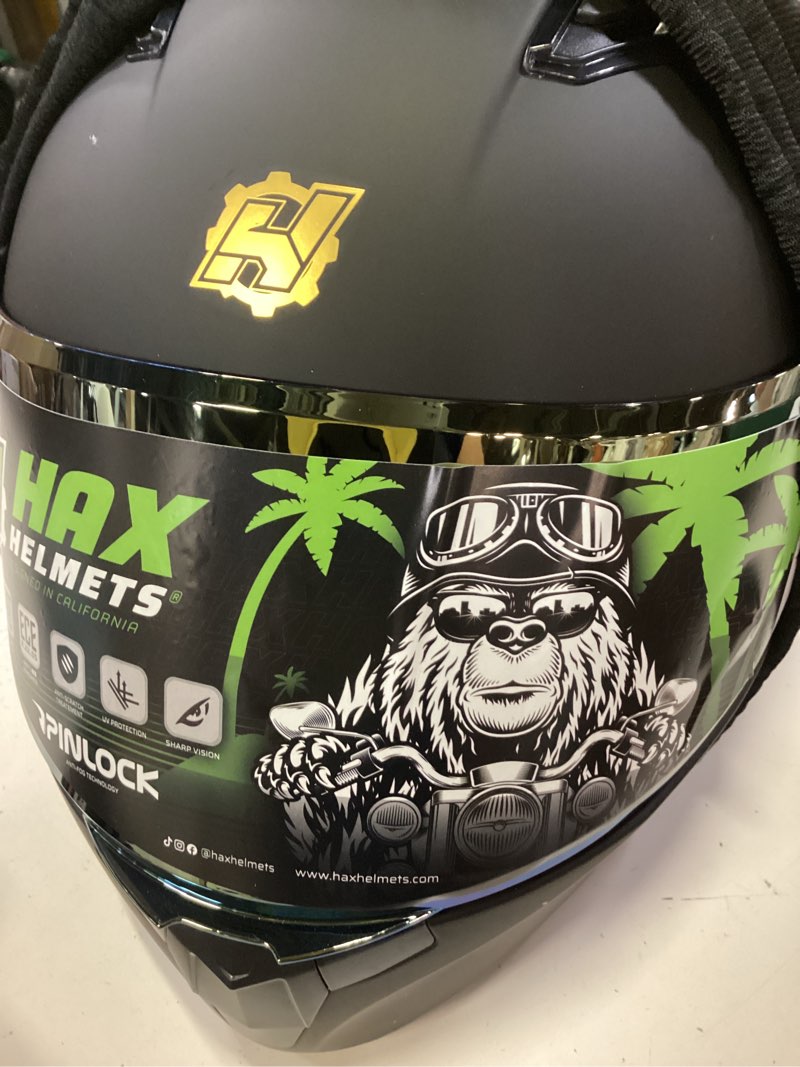 Condition photo showing New/Like New for hax obsidian full face dual visor adult motorcycle helmet for motorbike street bike with pinlock ready dot approved matte black gold xl matte black gold x-large