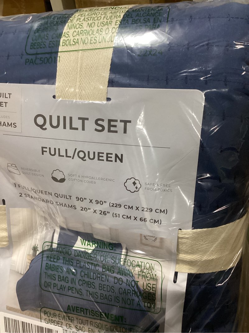 Condition photo showing As Is for great bay home full/queen quilt bedding set, 3-piece lightweight summer channel stitch quilt set with shams, ultra soft navy bedspreads, quilted bedding coverlets for all seasons full / queen 31 - basketweave navy