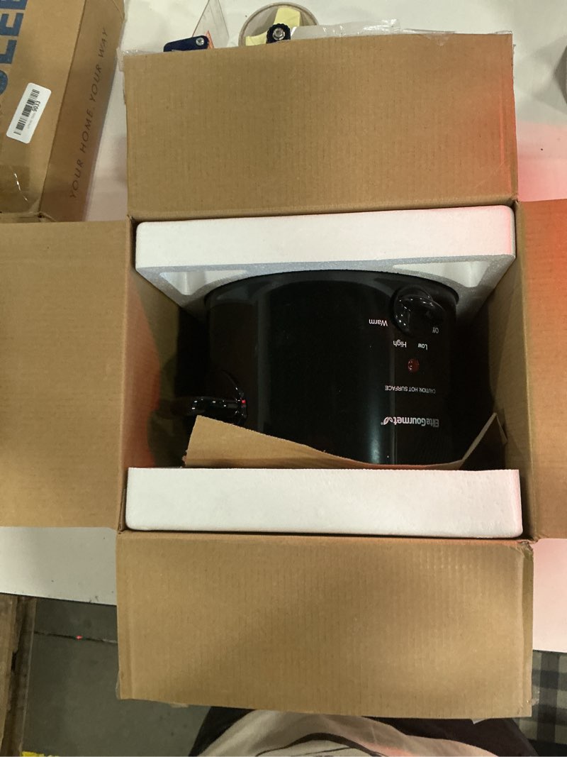 Condition photo showing New/Like New for elite gourmet mst-350b electric slow cooker, adjustable temp, entrees, sauces, stews & dips, dishwasher safe glass lid & crock (3 quart, black)