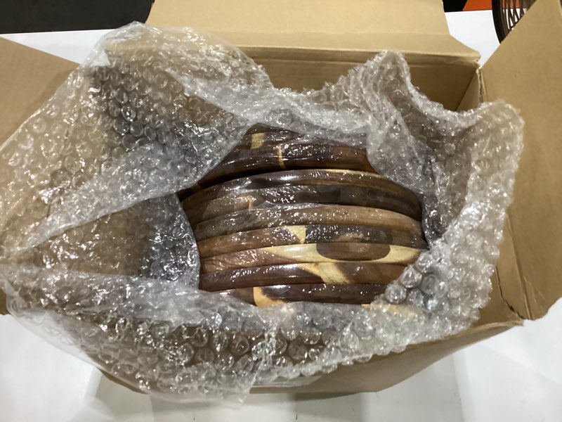 Condition photo showing Good Condition for rtteri 12 pcs acacia wood dinner plates round wood dishes wooden charger serving tray easy cleaning lightweight unbreakable classic plate for snack dessert housewarming gift(0.95 inches)