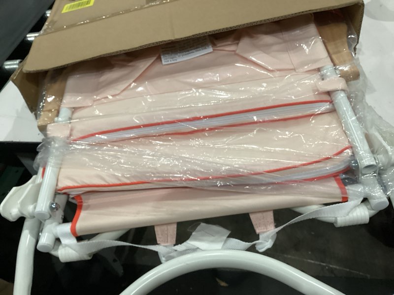 Condition photo showing Good Condition for padded low beach chair, 1  folding outdoor chair with wooden armrests, cushioned seat, storage pouch & carry strap for beach, patio and lawn, harbour rosé pink