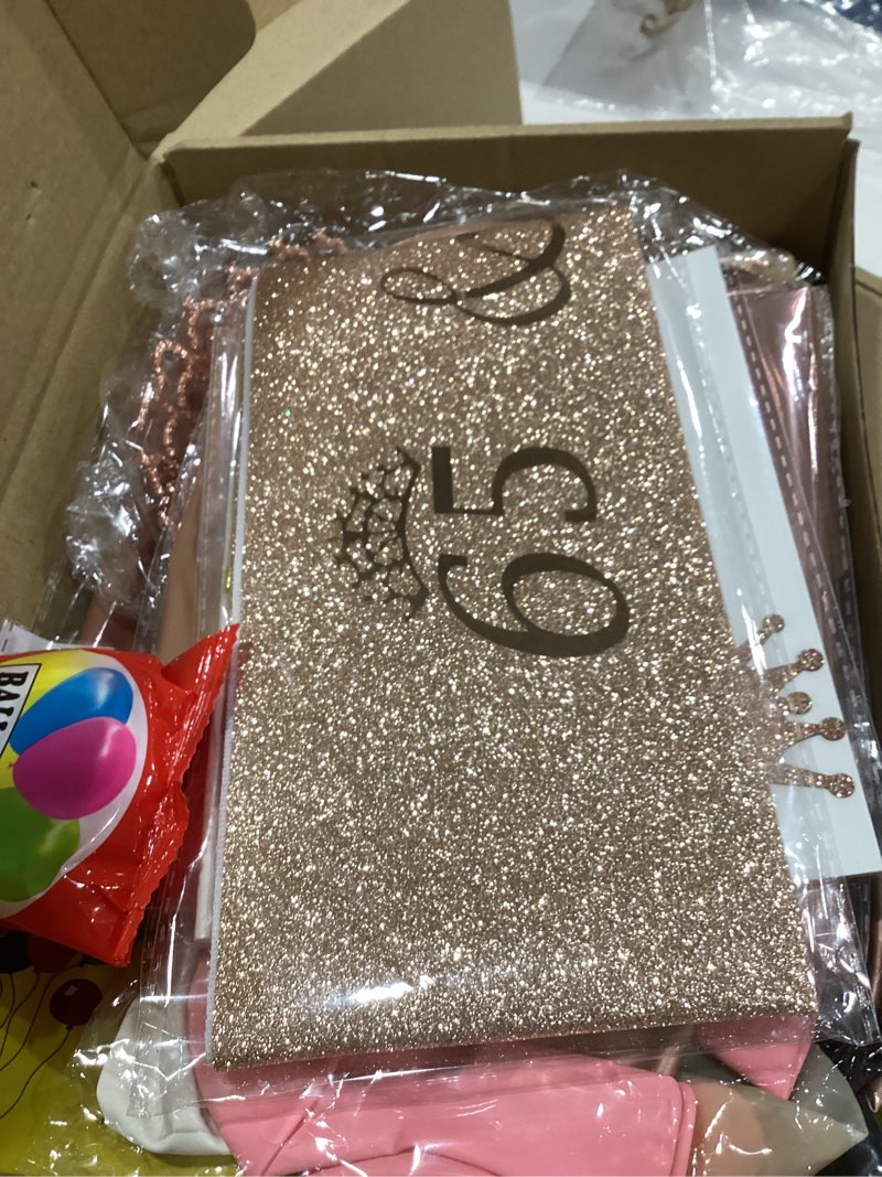 Condition photo showing Good Condition for 65th birthday decorations for women, 49pcs black rose gold black happy 65th birthday banner, tablecloth, butterfly decor, sash and tiara, cake topper, candles, balloons arch 65new