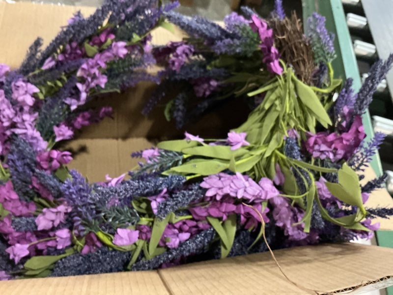 Condition photo showing Good Condition for 24 inch purple lavender flower wreath for front door, spring summer forsythia lavender flowers wreath for indoor and outdoor decor, rustic and farmhouse purple for home