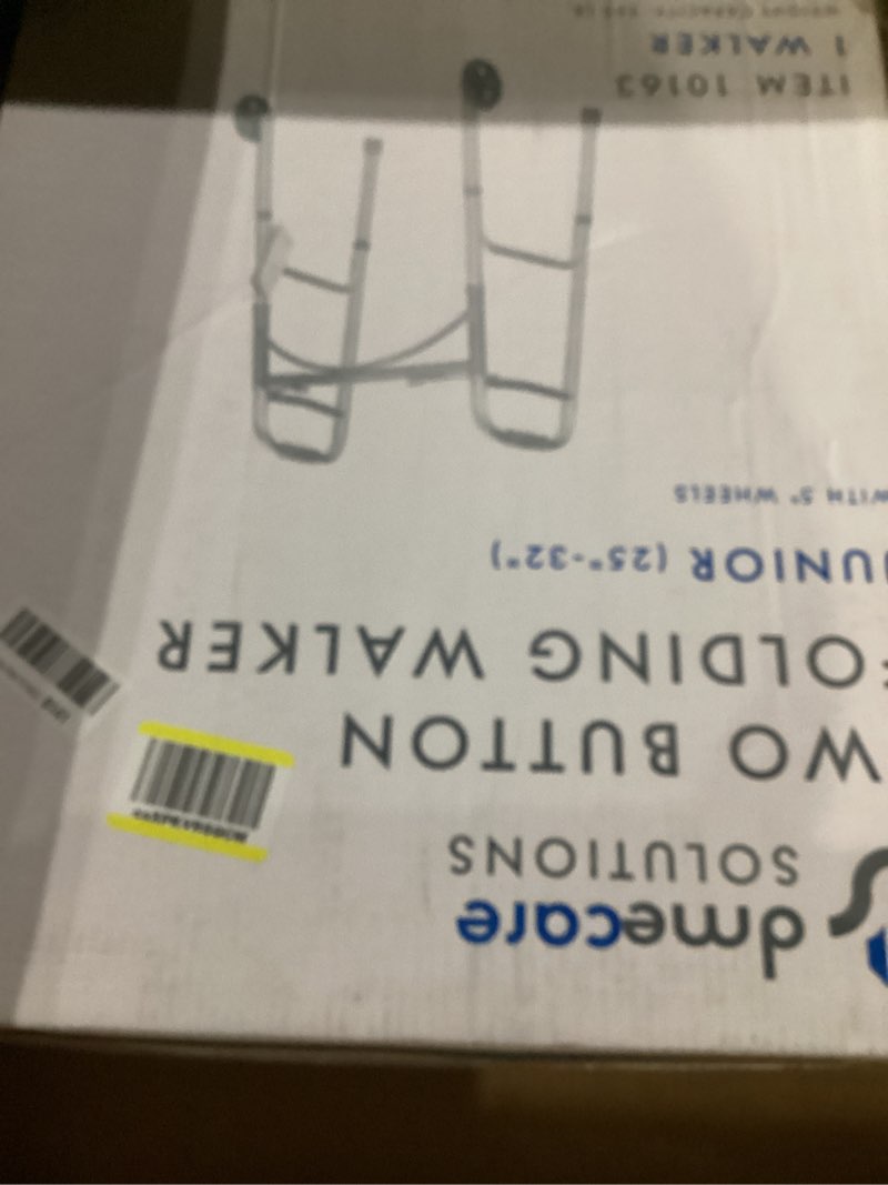 Condition photo showing New/Like New for Dynarex Junior Two-Button Folding Walker with Wheels has Tool-Free Adjustable Height up to 32.5” & 300 Pound Weight Capacity, Silver, 1 Junior Two-Button Folding Walker with Wheels