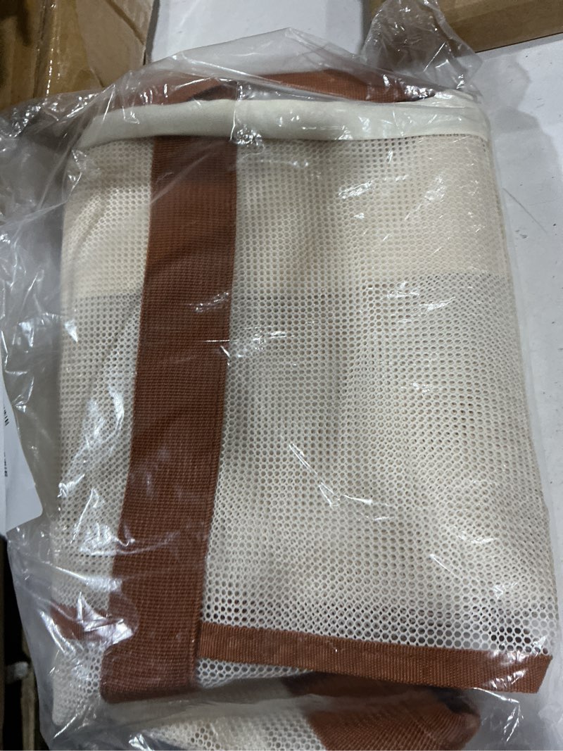 Condition photo showing Good Condition for 2026 stylish & spacious xx-large beach bag for women – mesh × canvas tote with top zipper, 11 tall pockets | 40l+ spacious, 11 tall pockets, zipper pouch, secure zip-top, sand-resistant base white and brown