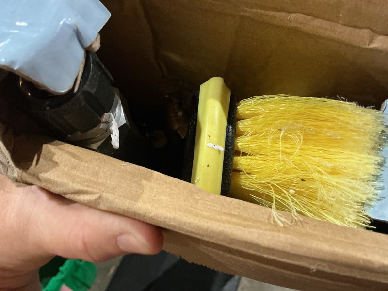 Condition photo showing As Is for 24 ft telescoping pressure washer wand with pressure washer extension wand, brush head, gutter cleaner, 5 spray nozzle tips, 2 hose adapters and support belt