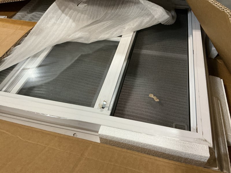 Condition photo showing Good Condition for yuzzy shed windows 2 pack, 10"x29" sliding windows transom window with tempered glass and removable fiberglass screen for shed, chicken coop, playhouse, household, garage, barns (white)