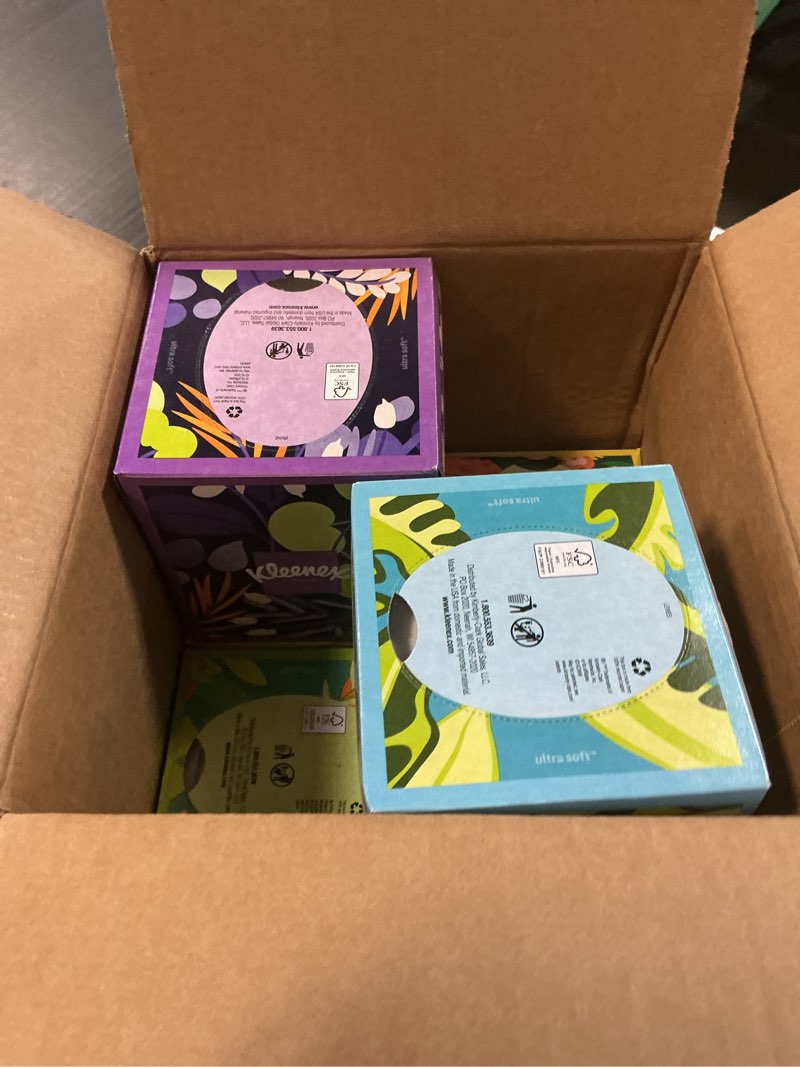 Condition photo showing As Is for kleenex ultra soft facial tissues, 8 cube boxes, 80 tissues per box, 3-ply, packaging may vary white 80 tissues (pack of 8)