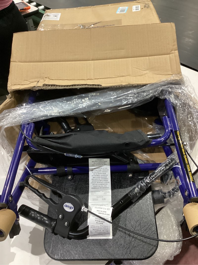Condition photo showing Good Condition for drive medical rollator walker with seat - stable mobility support - height adjustable - durable steel frame construction - smooth 7.5" wheels - foldable - 350 lb limit - blue