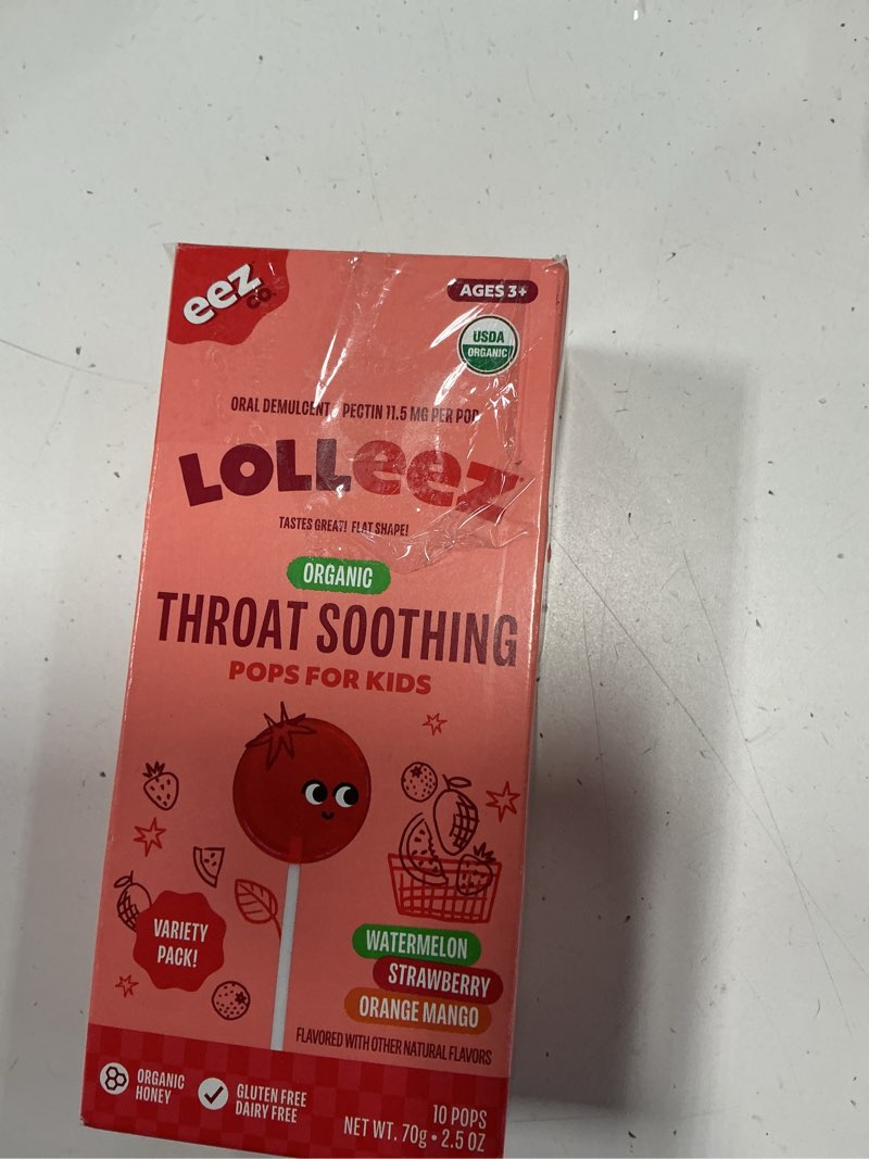 Condition photo showing New/Like New for lolleez organic throat soothing pops for kids, variety pack, 10 count