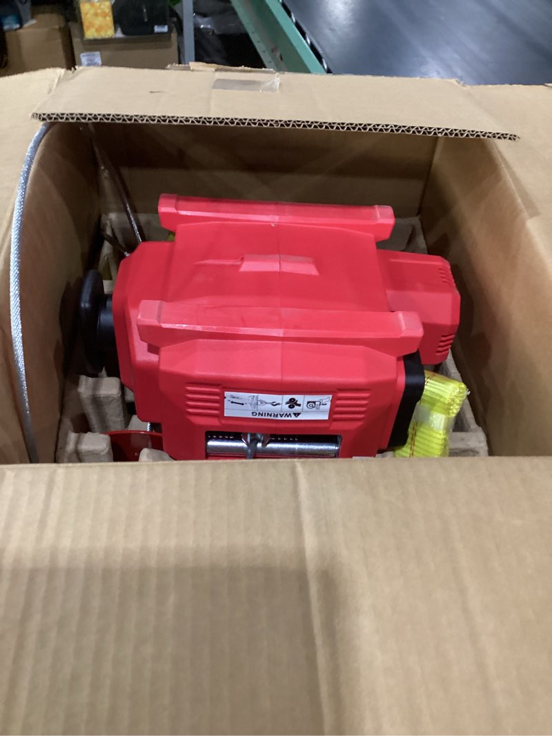 Condition photo showing As Is for 1000lb battery-powered winch with 40ft steel cable, compatible with milwaukee 18v batteries (4.0ah+), portable wireless remote control winch for lifting & pulling(without battery) mk steel cable red