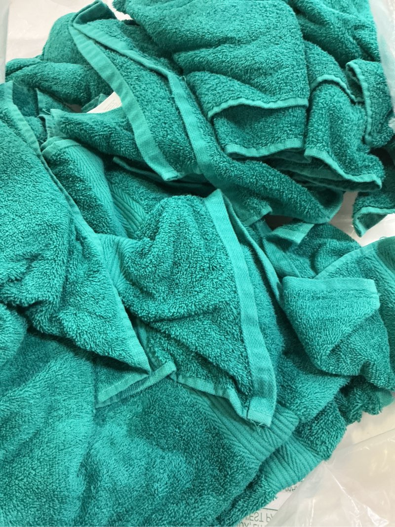 Condition photo showing As Is for amazon basics 6-piece oversized fade-resistant towel set, 100% cotton, highly absorbent, soft, teal, 2 bath towels, 2 hand towels, 2 washcloths classic 6-piece set teal