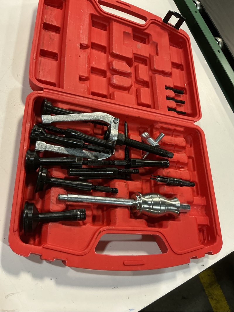 Condition photo showing As Is for orion motor tech blind hole collet bearing race and seal puller extractor kit, slide hammer pilot insert inner internal bearing removal tool set, 16pcs red