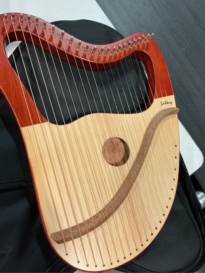 Condition photo showing Good Condition for lotkey lyre harp?23 metal strings harp mahogany body and solid spruce board lyre harp with tuning wrench, extract strings, manual and gig bag 23 strings mahogany harp