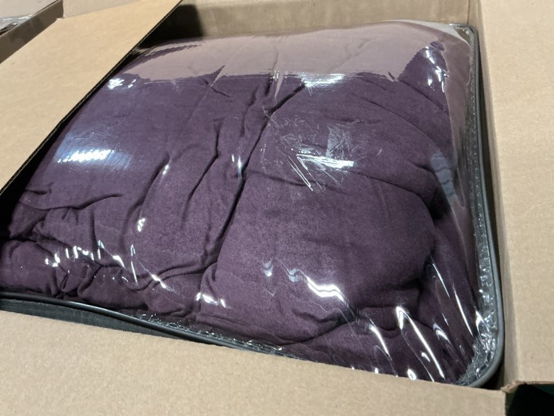 Condition photo showing As Is for madison park palmer comforter set - faux suede design, striped accent, all season bedding, shams, decorative pillow, bed skirt, queen (90 in x 90 in), purple 7 piece purple queen (90 in x 90 in)
