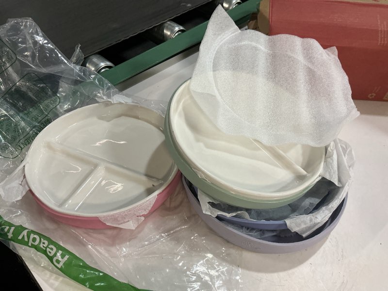 Condition photo showing As Is for Elk and Friends Kids 6.7” Porcelain Divided Plates with Silicone Suction Sleeves | Suitable for Babies/Kids/Toddlers | Microwave & Dishwasher Safe | Non Slip | Snack Dishes | 4 Pack Blush/Lilac/Sage/MistyBlue 6.7" Divided (Suction Sleeve)