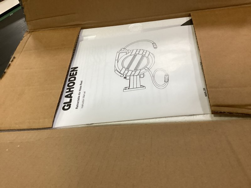 Condition photo showing New/Like New for GLAHODEN Air Hose Reel 100 Ft Retractable, 3/8 in x 100 Ft Hybrid Hose Air Compressor Hose Reel with 6 Ft Lead in Max 300 PSI Patented Design for Any Length Lock 180°Swivel Bracket Quick Coupler 3/8 inch 100 FT