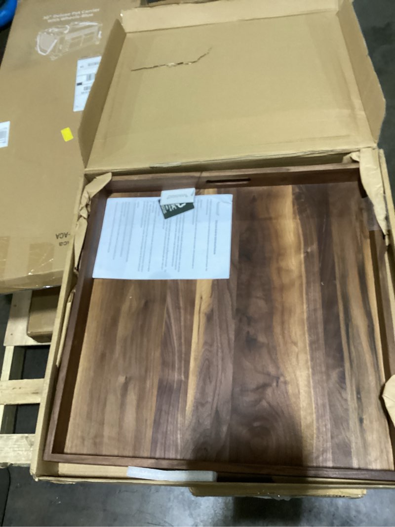 Condition photo showing Good Condition for 24 x 24 inches extra large square black walnut wood ottoman tray with handles, serve tea, coffee or breakfast in bed, classic wooden decorative serving tray