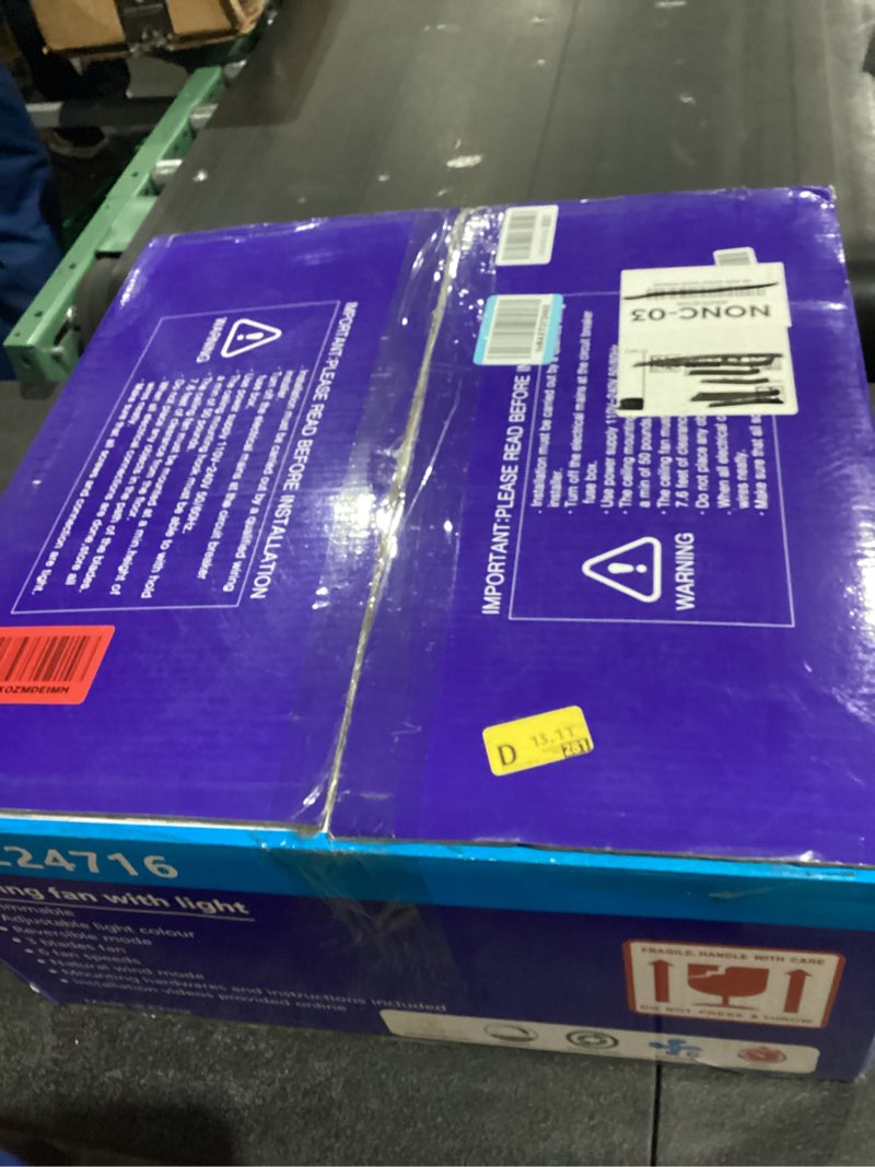 Condition photo showing New/Like New for 21 Inches DC Boho Bamboo LED Ceiling Fan with Light Fixture and Remote Control, Wicker Cage Small Rattan Caged 3 Blades Low Profile Dimmable Fandelier for Bedroom Kitchen Indoor Outdoor Room