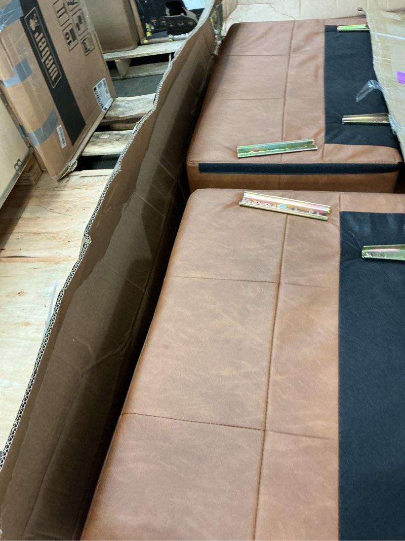 Condition photo showing As Is for idealhouse 83” brow faux leather couch, 3 seater sofa couches with 2 removable back cushions for living room, large mid century modern office apartment couch (brow)
