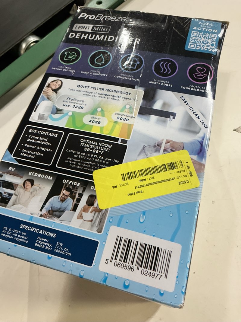 Condition photo showing As Is for pro breeze mini portable dehumidifier, 17oz ultra quiet compact peltier dehumidifier, 215 sqft 1pack