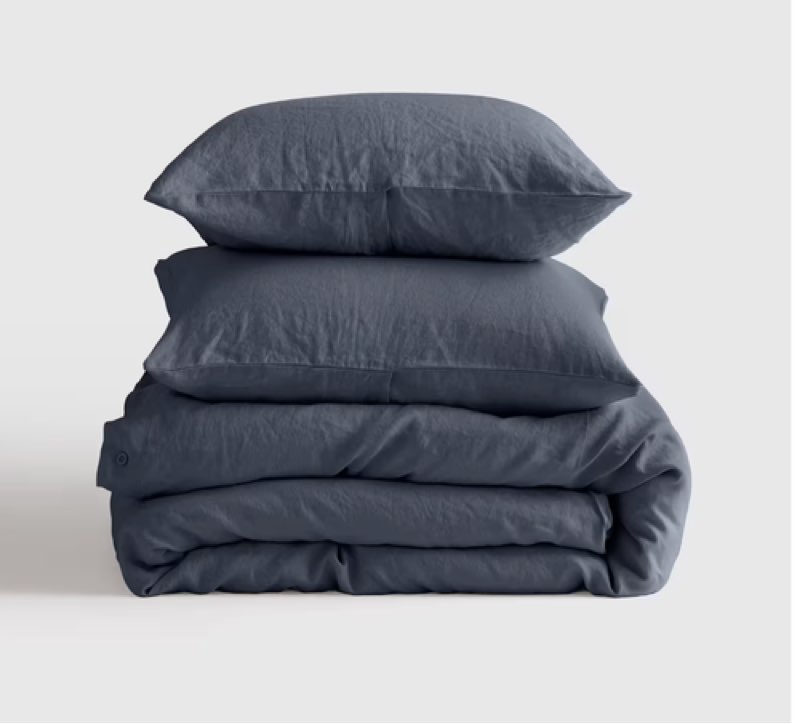 Quince European Linen Duvet Cover Set King/Cal King Size Night Fall Blue(4 pcs)