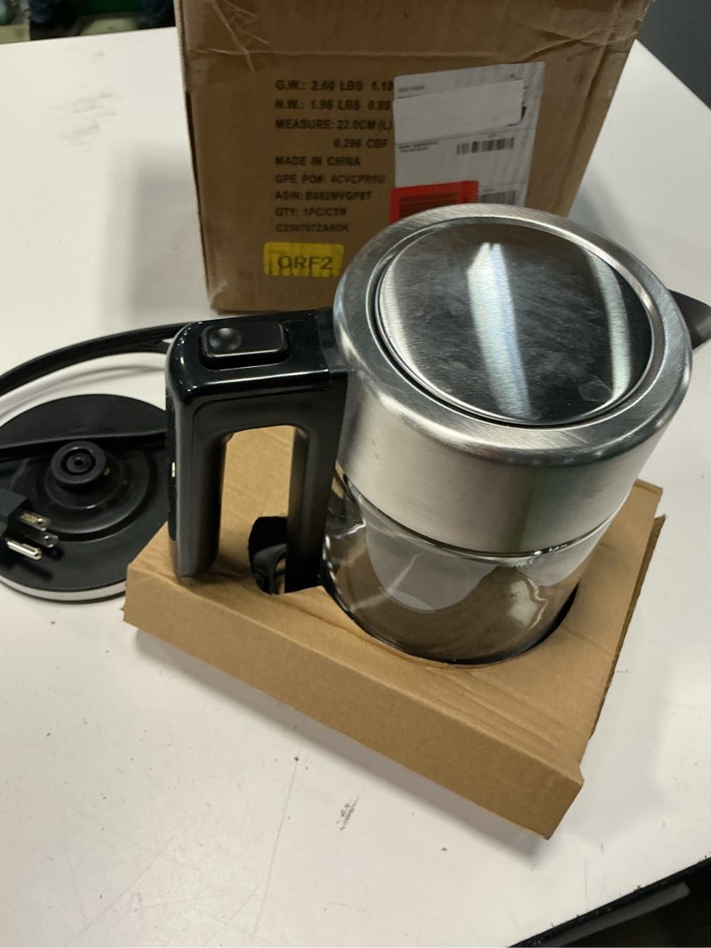 Condition photo showing As Is for amazon basics electric kettle with glass carafe for tea and coffee, fast boiling, auto shut-off, boil-dry protection, temperature control, removable filter, 1 liter, 1500w, bpa-free glass carafe 1.1 quarts