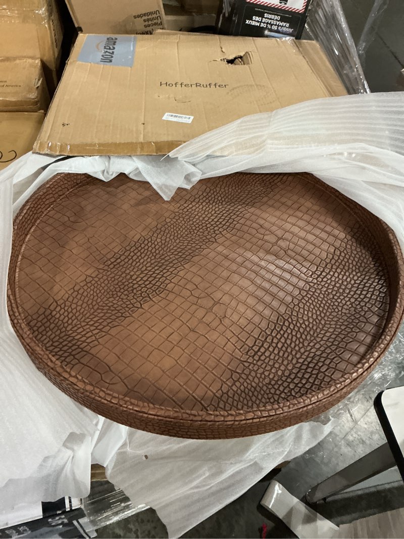 Condition photo showing New/Like New for HofferRuffer Round Serving Tray 20'', Elegant Faux Leather Circle Ottoman Table Tray, Serve Tea Coffee Breakfast in Bedroom Living Room Kitchen (Brown) Antique Brown 20"