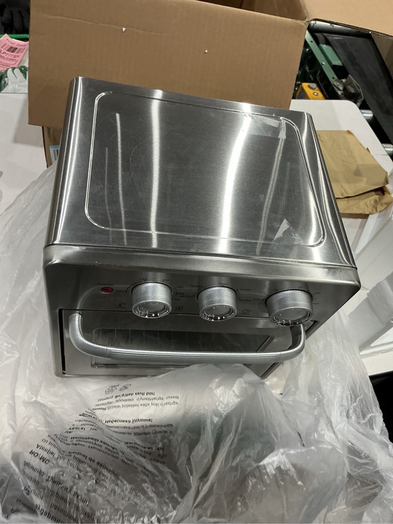 Condition photo showing New/Like New for olixis toaster oven countertop, 16.9qt air fryer toaster oven combo, 5-in-1 with pizza, toast, grill, air fry & dry fruit modes,180-450°f temp, 60-min timer, 4 accessories included, stainless steel silver 17l
