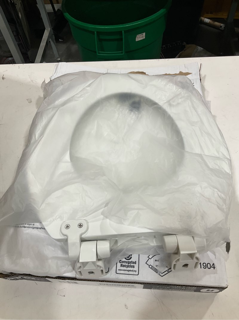 Condition photo showing New/Like New for kohler stonewood quiet-close, round toilet seat soft close, durable wood, easy installation, universal fit, home essentials, white finish, k-20467-0 white round double-hinge
