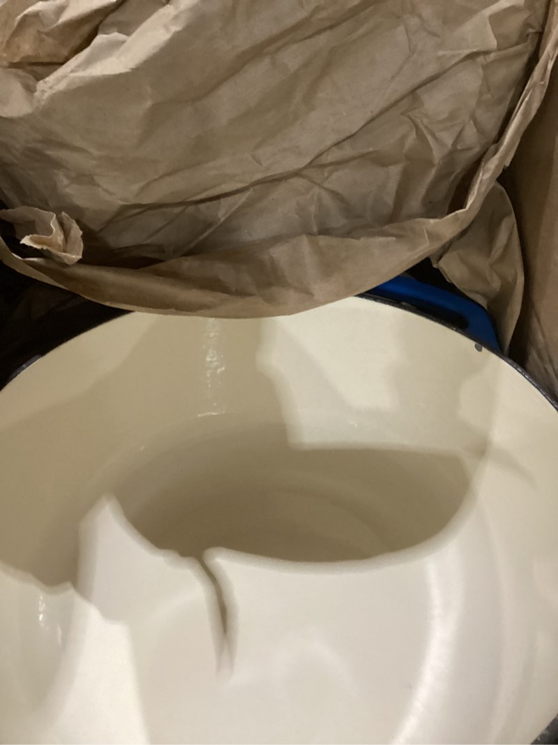 Condition photo showing As Is for Amazon Basics Enameled Cast Iron Dutch Oven Pot with Lid, Oven Safe, Heavy-Duty, Dual Handles for Roasting and Stews, 7.3-Quart, Blue Blue 7.3-Quart