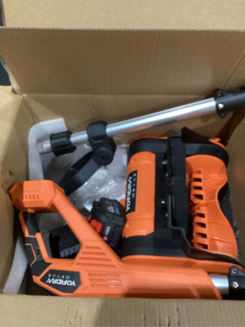 Condition photo showing As Is for Cordless Snow Shovel, Electric Snow Shovel 12" Width 6.7" Depth Cleaning and 20ft Throwing Distance, 4 Ah 21V Battery Brushless Snow Mover with Adjustable Front Handle for Driveway, Steps, Patio Orange