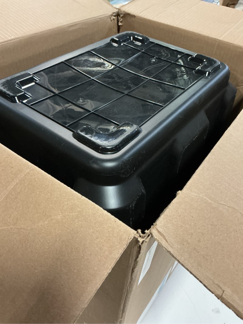 Condition photo showing Good Condition for IRIS USA 4-Pack 12 Gallon Storage Bins with Lids |Made in USA| Heavy Duty Plastic Tote Containers for Truckbed Tool Box Organization, Large - Black Black 12 Gal - 4 Pack