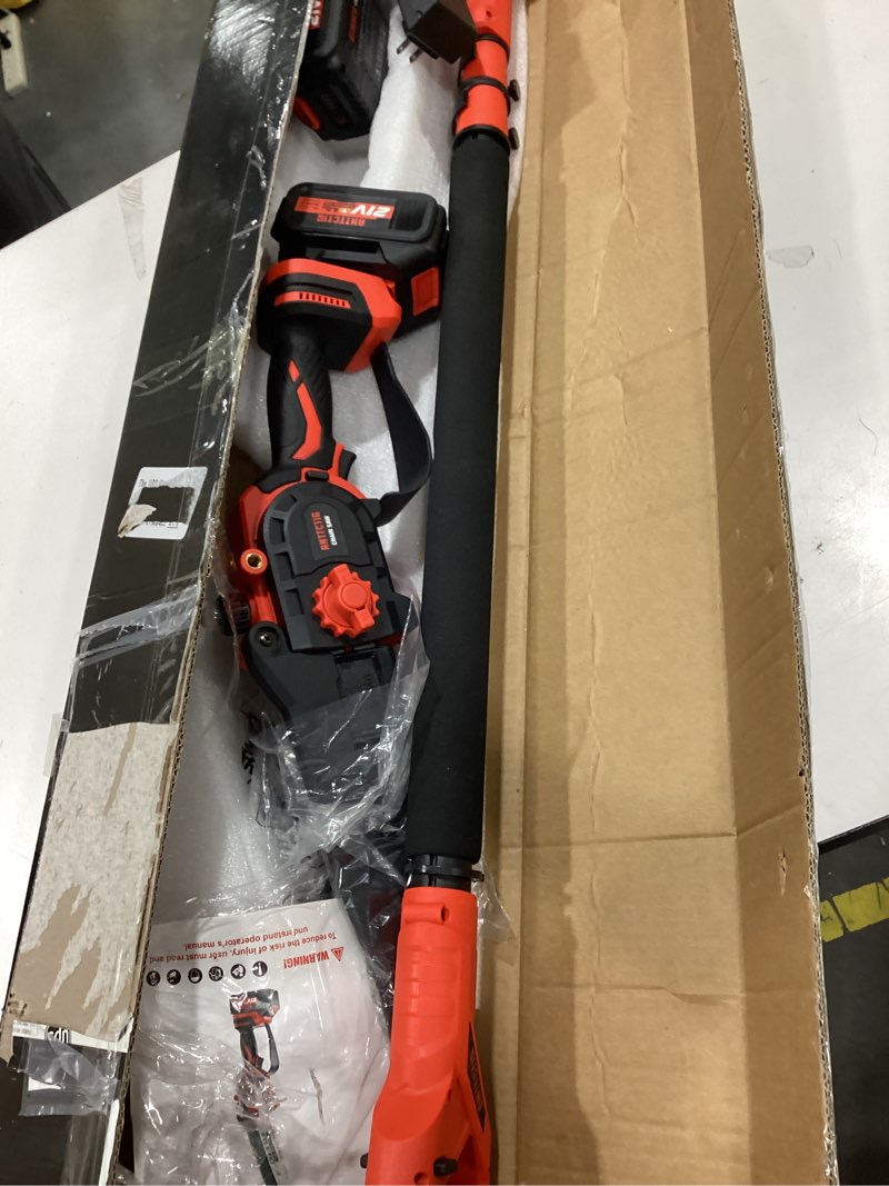 Condition photo showing As Is for upgraded 2-in-1 cordless pole saw & 8 inch mini chainsaw, battery powered tree trimmer with 6.6ft(2m) extension pole, 21v 4.0ah x2 batteries, electric chainsaw for branch, limb & wood cutting red with pole
