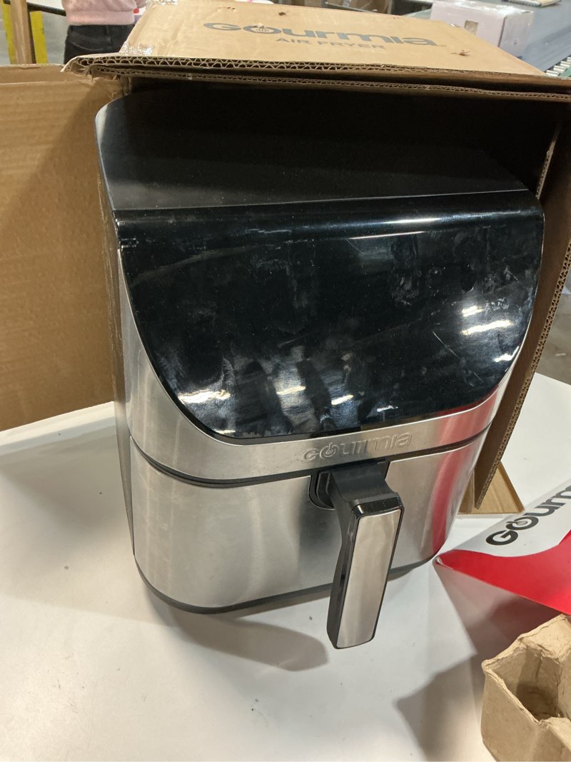 Condition photo showing As Is for Gourmia Air Fryer - 8 Qt Extra Large Capacity, FryForce360º, Digital Display with 12 Presets, Roast, Bake, Broil, Dehydrate, Dishwasher Safe Accessories, Stainless Steel