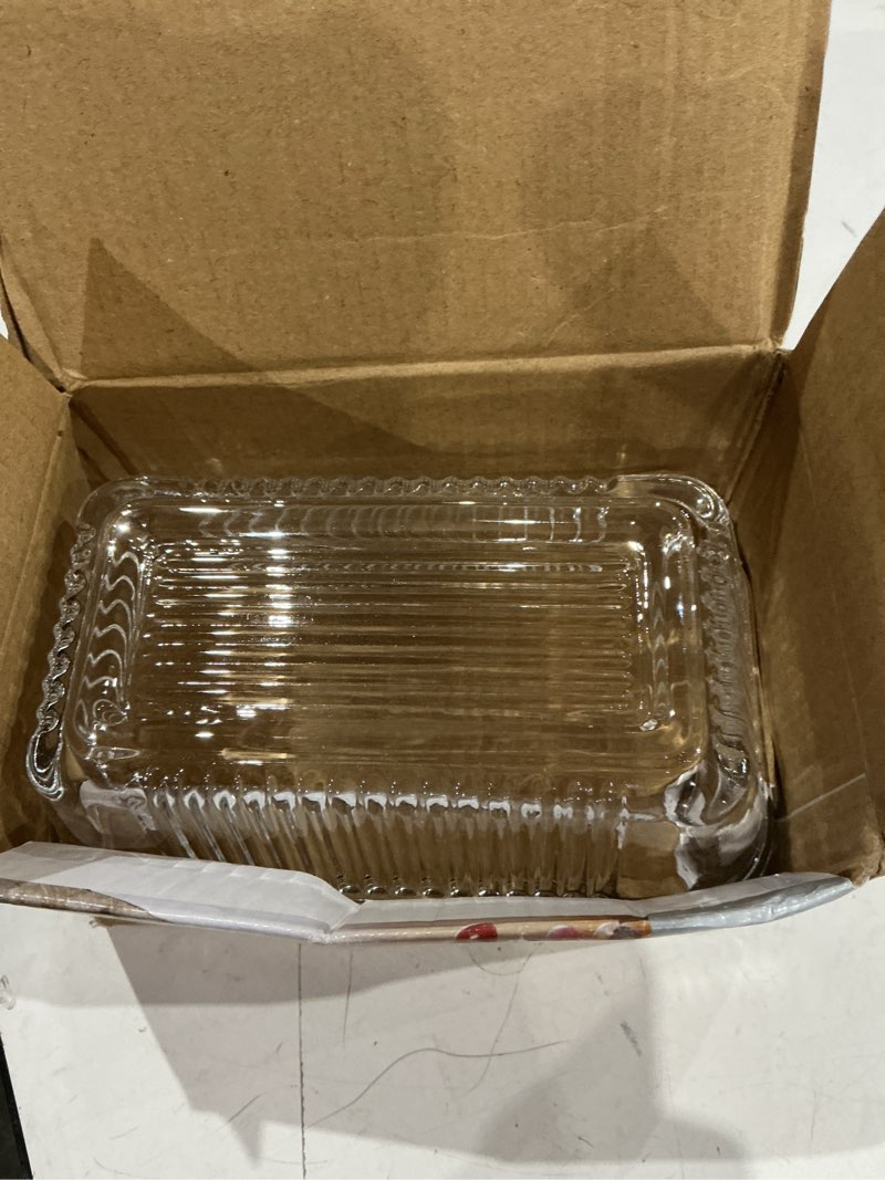 Condition photo showing Good Condition for clear glass butter dish with cover, versatile striped crystal butter holder tray with lid for countertop refrigerator straight lines