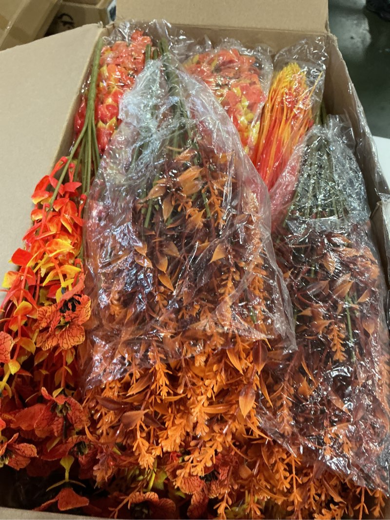 Condition photo showing Good Condition for Mimorou 60 Bundle Fall Artificial Flowers Outdoor UV Resistant Autumn Orange Fake Plants Flowers Faux Plastic Greenery Decoration Shrub for Wedding Window Box Home Porch Fireplace Thanksgiving