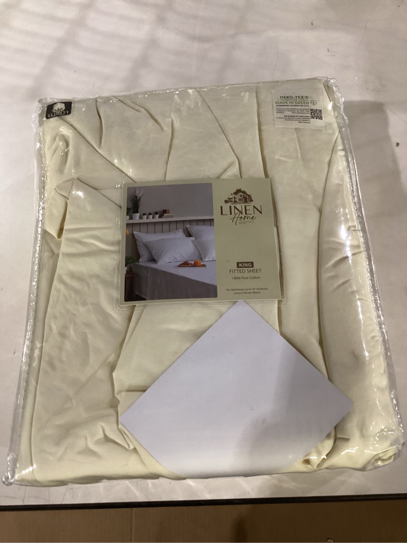 Condition photo showing New/Like New for linen home 100% cotton percale weave fitted sheet, king size, cream, 1 deep pocket fitted sheet, fits mattress upto 16" crisp and cool strong bed linen, 78"x80"+15" 04 - cream king