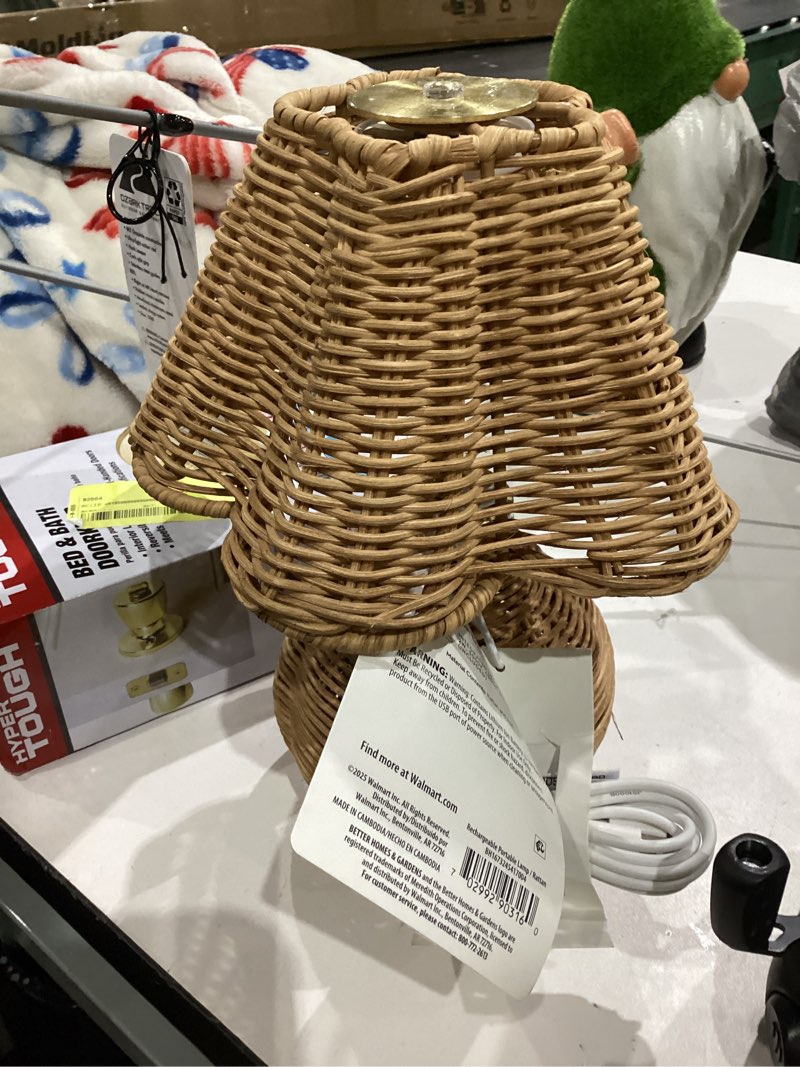 Condition photo showing As Is for better homes & gardens 9" rattan rechargeable portable lamp