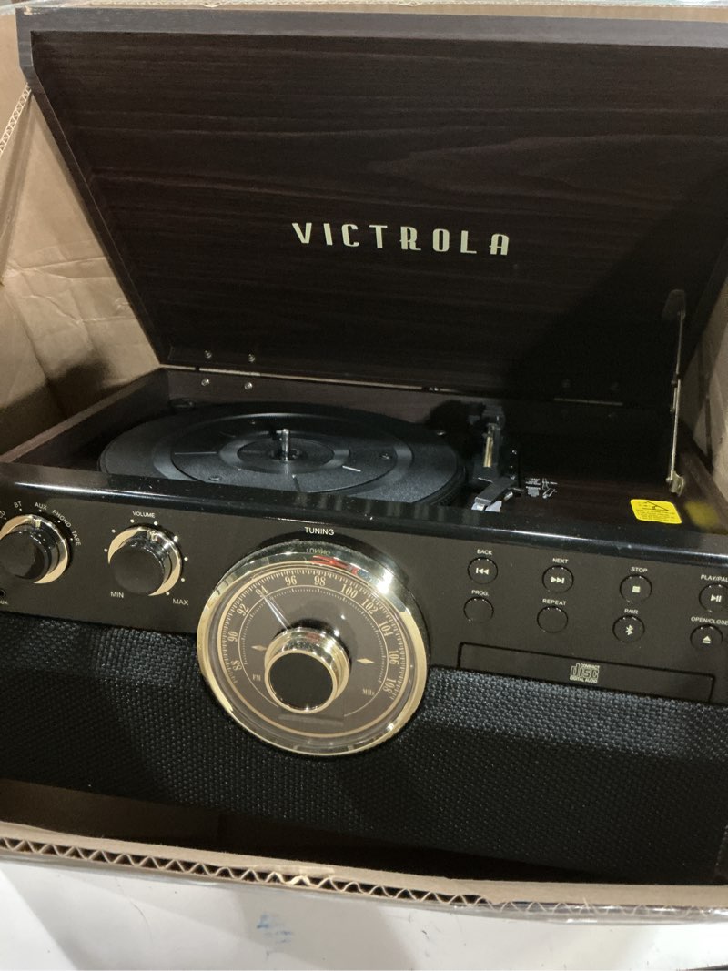 Condition photo showing Good Condition for victrola the empire mid-century 6-in-1 turntable & multimedia center with built-in speakers – 3 speed, bluetooth connectivity, radio, cassette & cd player, rca out, headphone jack (espresso)