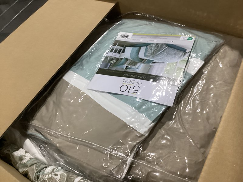 Condition photo showing Good Condition for 510 design luxe quilted comforter set modern transitional design, all season down alternative warm bedding matching shams, bedskirt, decorative pillow, queen, shawnee scrollwork seafoam scrollwork seafoam queen