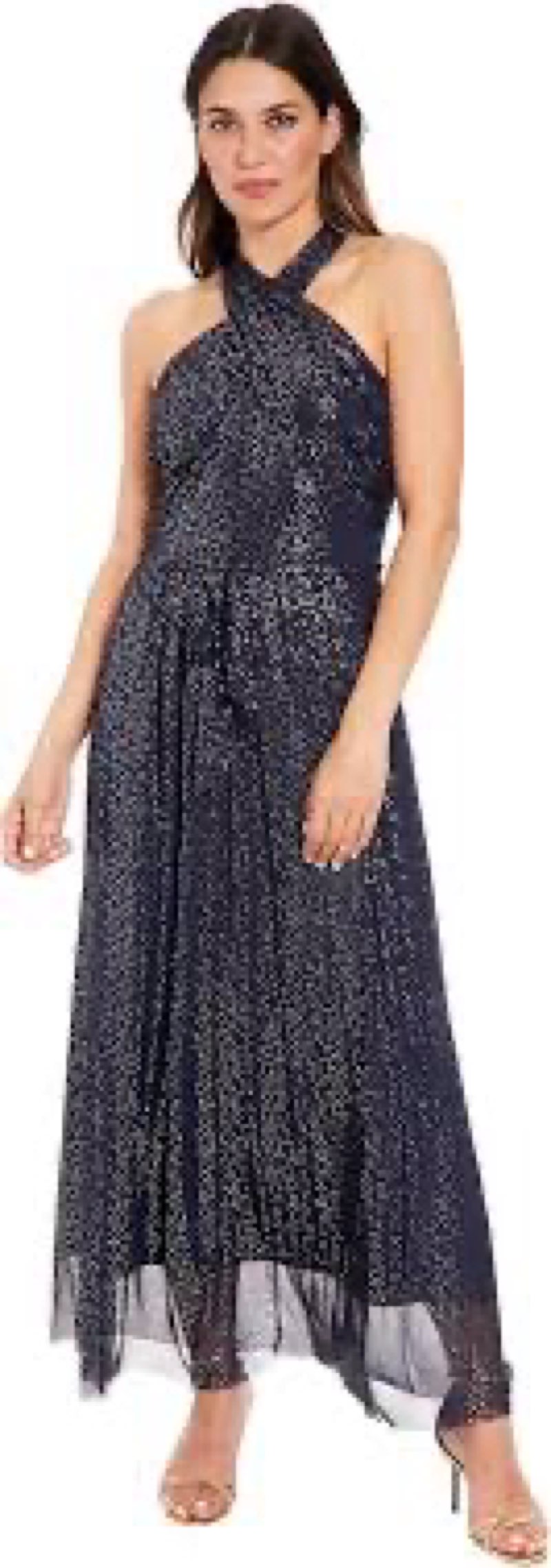 London Times Women's WRAP Neck Halter Maxi Dress, Gold/Navy