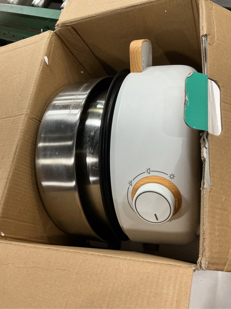 Condition photo showing As Is for aroma housewares amc-130 whatever pot, indoor grill, cooking, hot pot with glass lid, bamboo handles, 2.5l, stainless steel/white