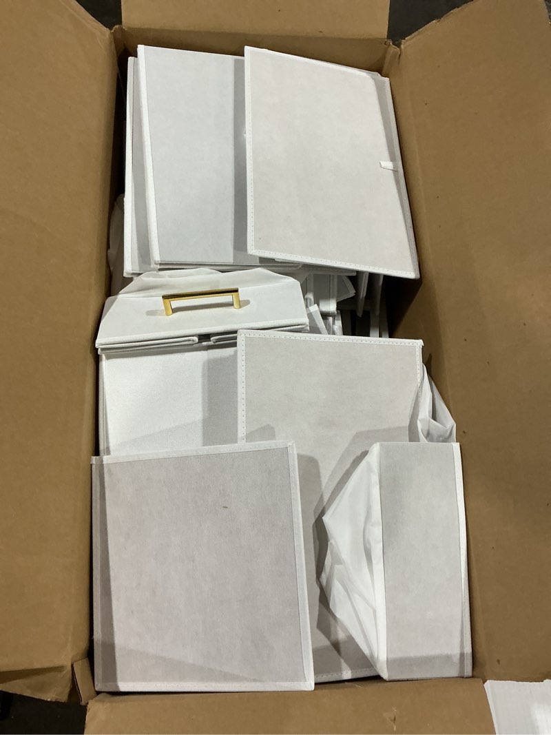 Condition photo showing As Is for (Similar to stock photo) Large 17\" 42 Quarts Collapsible Stackable Storage Bins with Lids [3-Pack] Foldable Fabric Linen Storage Boxes Cube, Closet Organizer Baskets with Label (16.7 x 12 x 12, White)