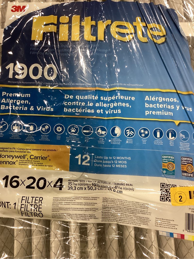 Condition photo showing As Is for 3m filtrete mpr 1900 4-inch allergen, bacteria and virus filters - 16 x 20 x 4 in. - 1-pack